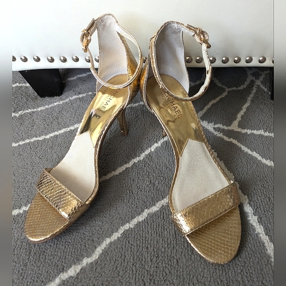 Michael Kors,Gold Snake Embossed Leather Heels with MK ankle emblem - Picture 6 of 16